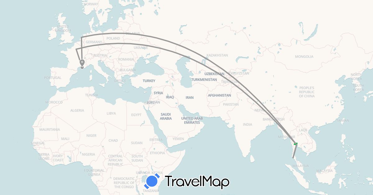 TravelMap itinerary: driving, bus, plane in France, Netherlands, Thailand (Asia, Europe)